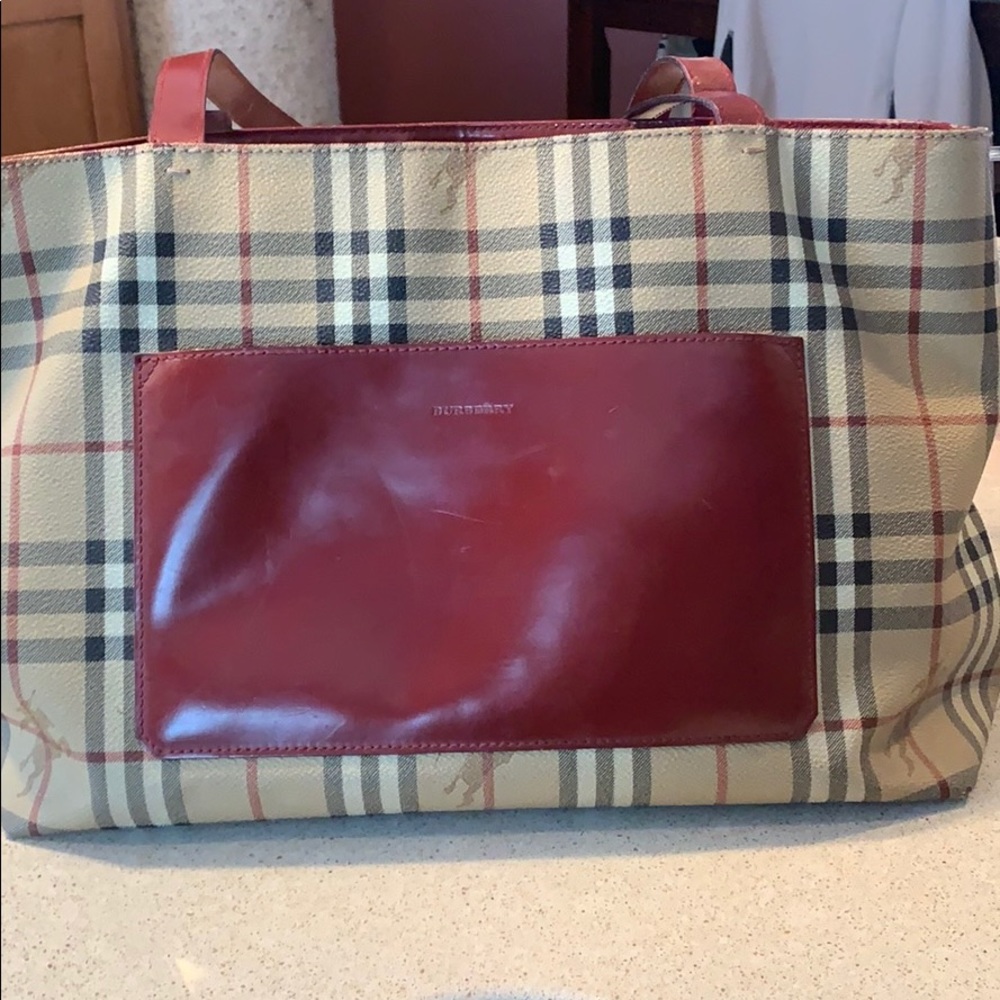 Burberry Beige and Red Tote Bag